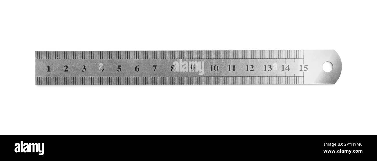 Metal ruler isolated on white, top view Stock Photo