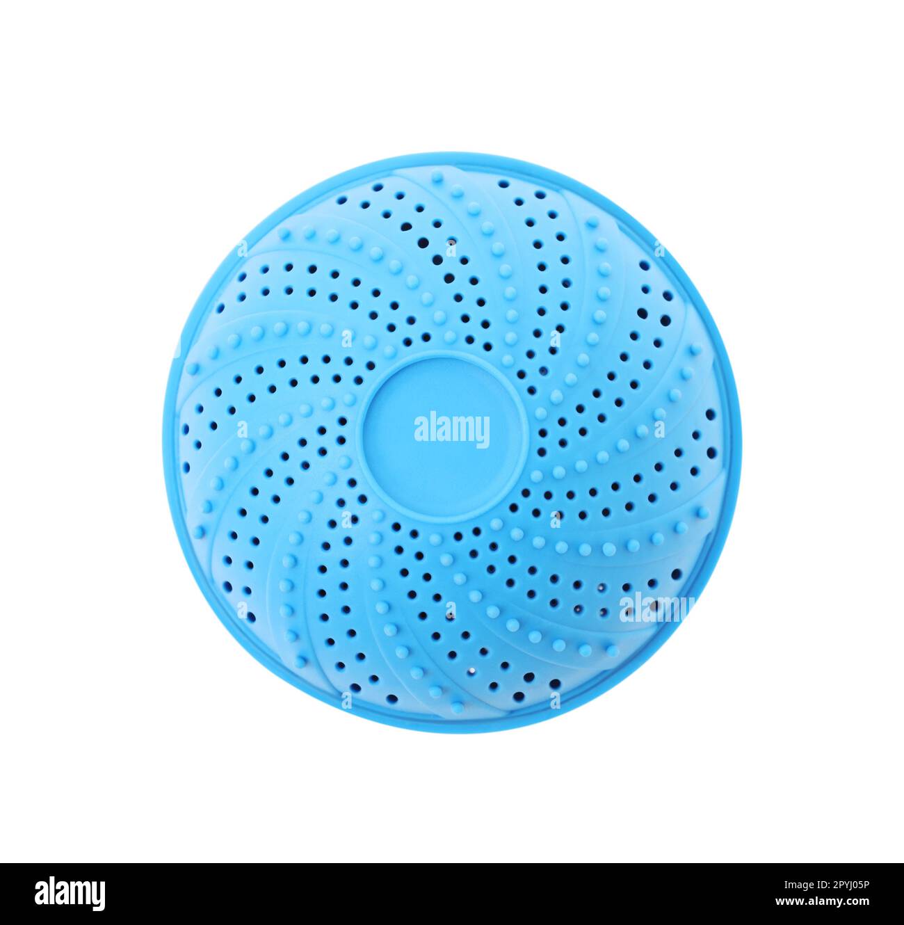 Light blue dryer ball for washing machine isolated on white, top view