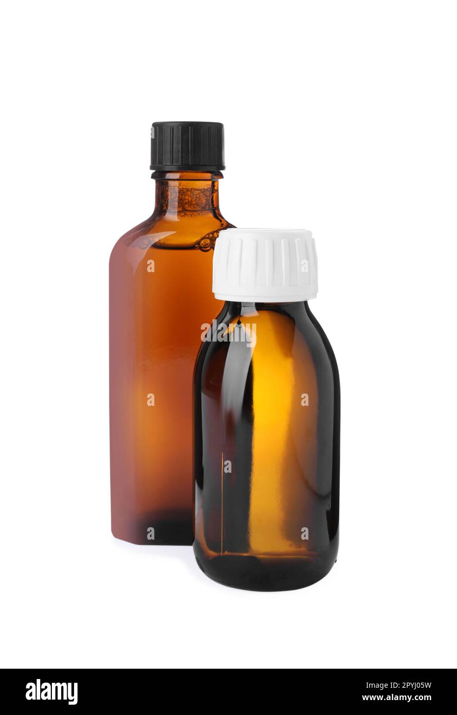 Bottles of syrups on white background. Cough and cold medicine Stock