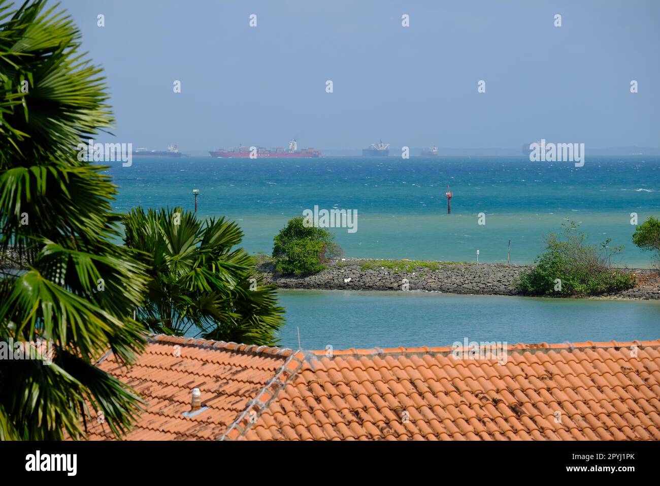 Indonesia Batam - View from Nongsa Point Marina & Resort to Singapore Strait Stock Photo
