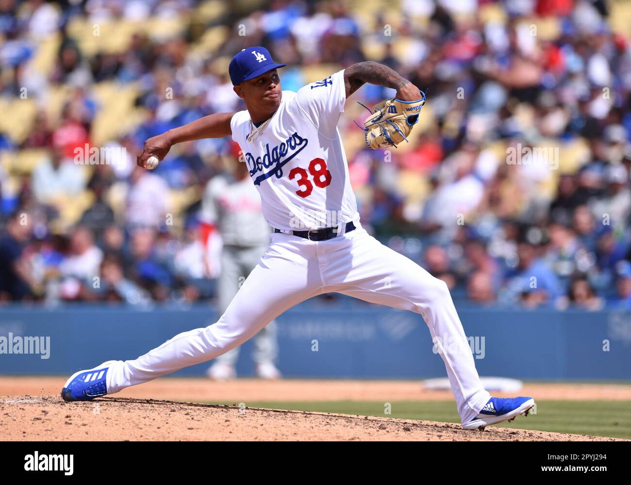 LOS ANGELES, CA - MAY 03: Los Angeles Dodgers relief pitcher Yency Almonte  (38) pitches during the game between the Phillies and the Dodgers on May  03, 2023, at Dodger Stadium in