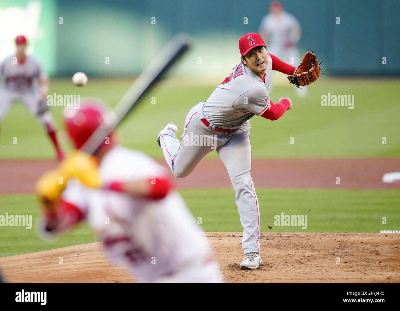 Los Angeles Angels two-way player Shohei Ohtani pitches against St. Louis  Cardinals outfielder Lars Nootbaar, his Japan teammate at the World  Baseball Classic, during the first inning of a baseball game at