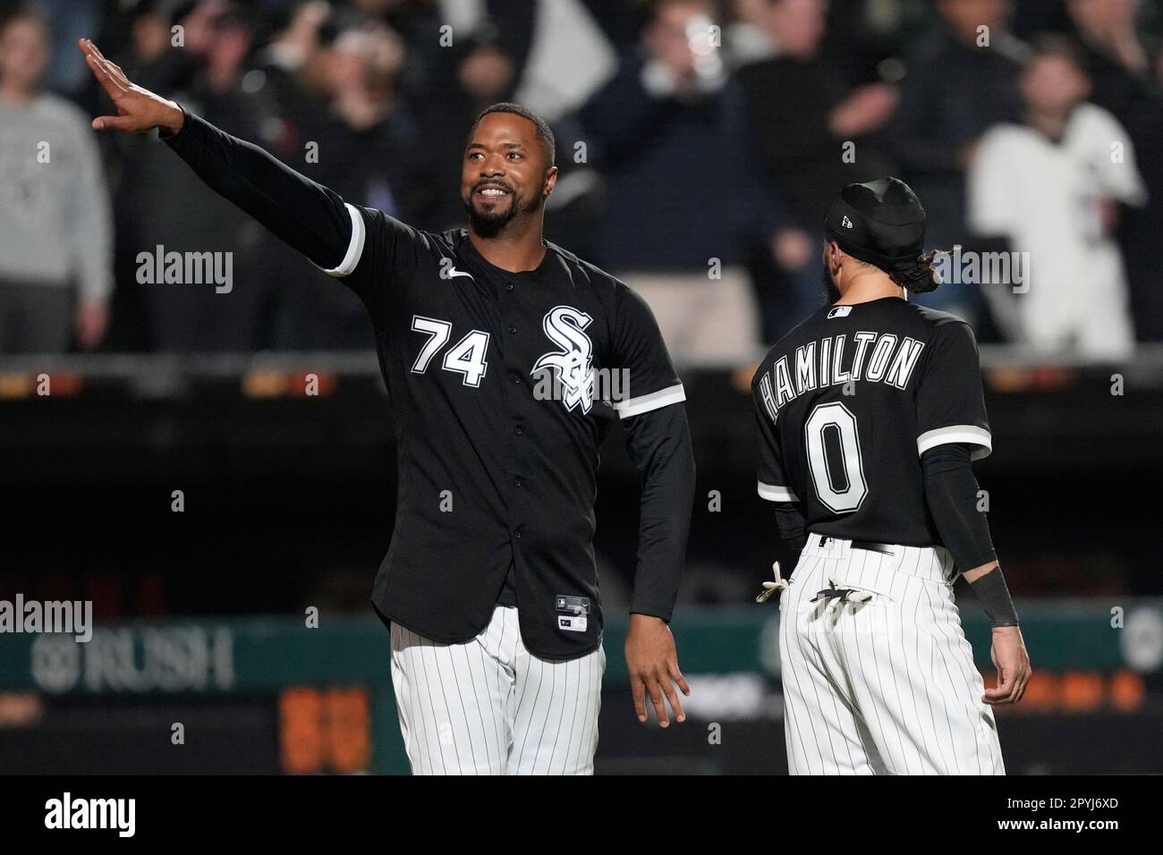 Chicago White Sox's Eloy Jimenez and Billy Hamilton celebrate the team's  6-4 win over the Minnesota Twins in a baseball game on Wednesday, May 3,  2023, in Chicago. (AP Photo/Charles Rex Arbogast