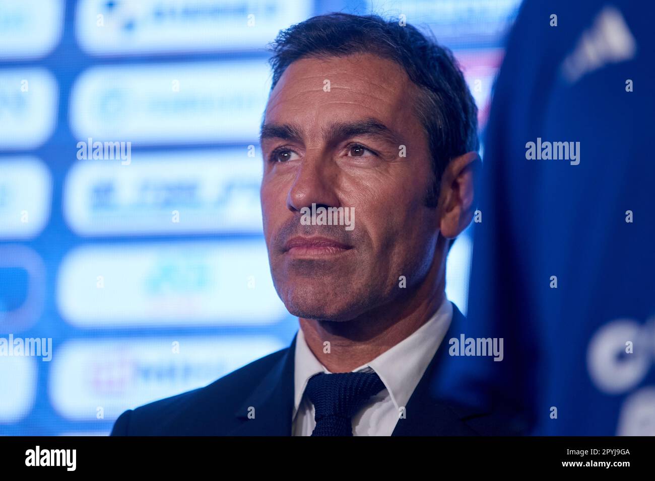 Bucharest, Romania. 3rd May, 2023: Robert Pires, former Spanish professional footballer and coach, attend the press conference about the charity football match 'Mihai Nesu Gala' between the team of former stars of the Romanian team and a European team of FIFPRO Europe Division, in Bucharest. Stock Photo