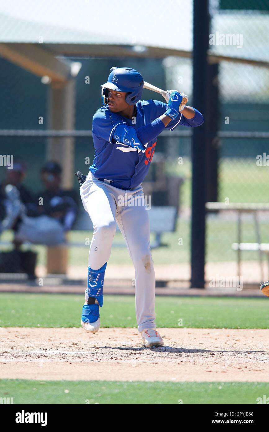 Josue De Paula (97) of the Los Angeles Dodgers during an Extended Spring Training game against the Chicago White Sox on April 10, 2023 at Camelback Ranch in Glendale, Arizona