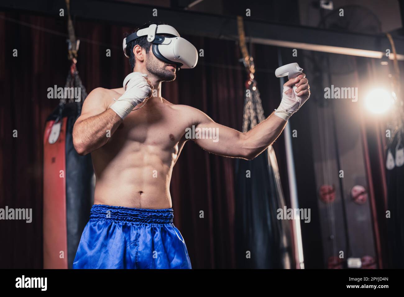 Professional boxer wear virtual reality headsets to engage in immersive