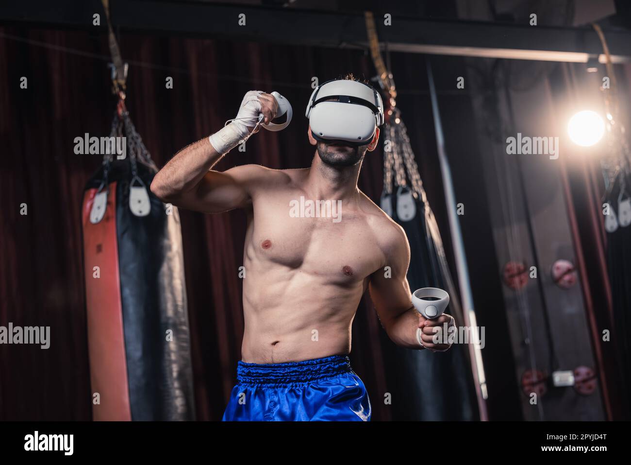 Professional boxer wear virtual reality headsets to engage in immersive