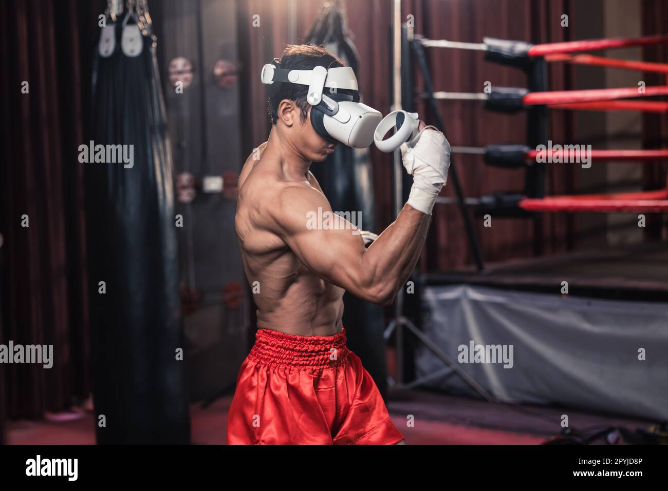 Professional boxer wear virtual reality headsets to engage in immersive