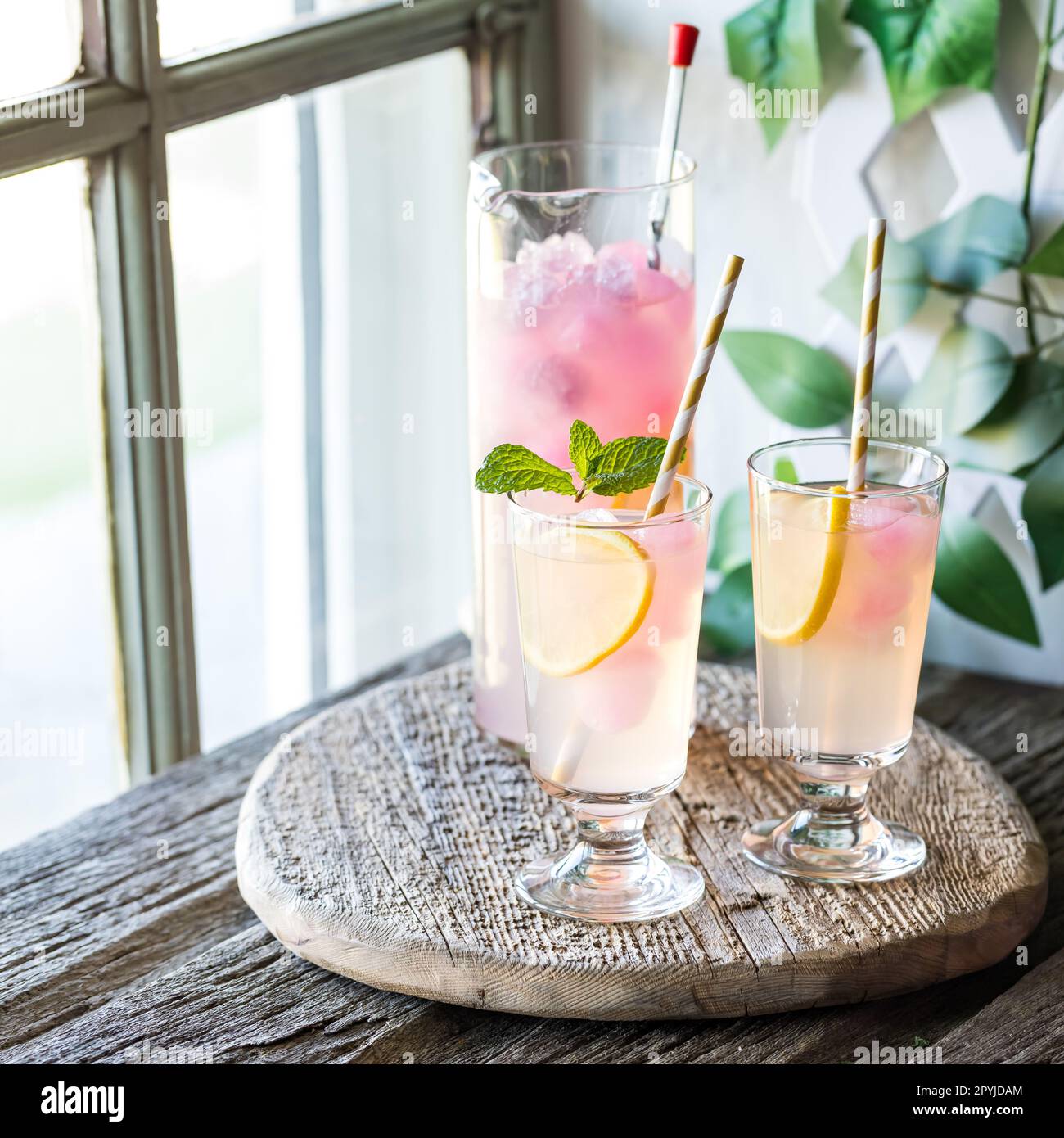 Cold and refreshing glasses of lemonade with pink lemonade ice cubes. Stock Photo