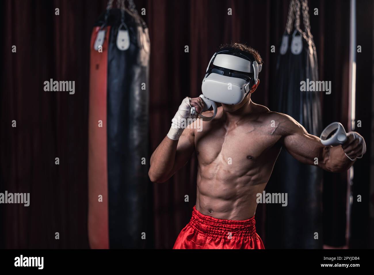 Professional boxer wear virtual reality headsets to engage in immersive