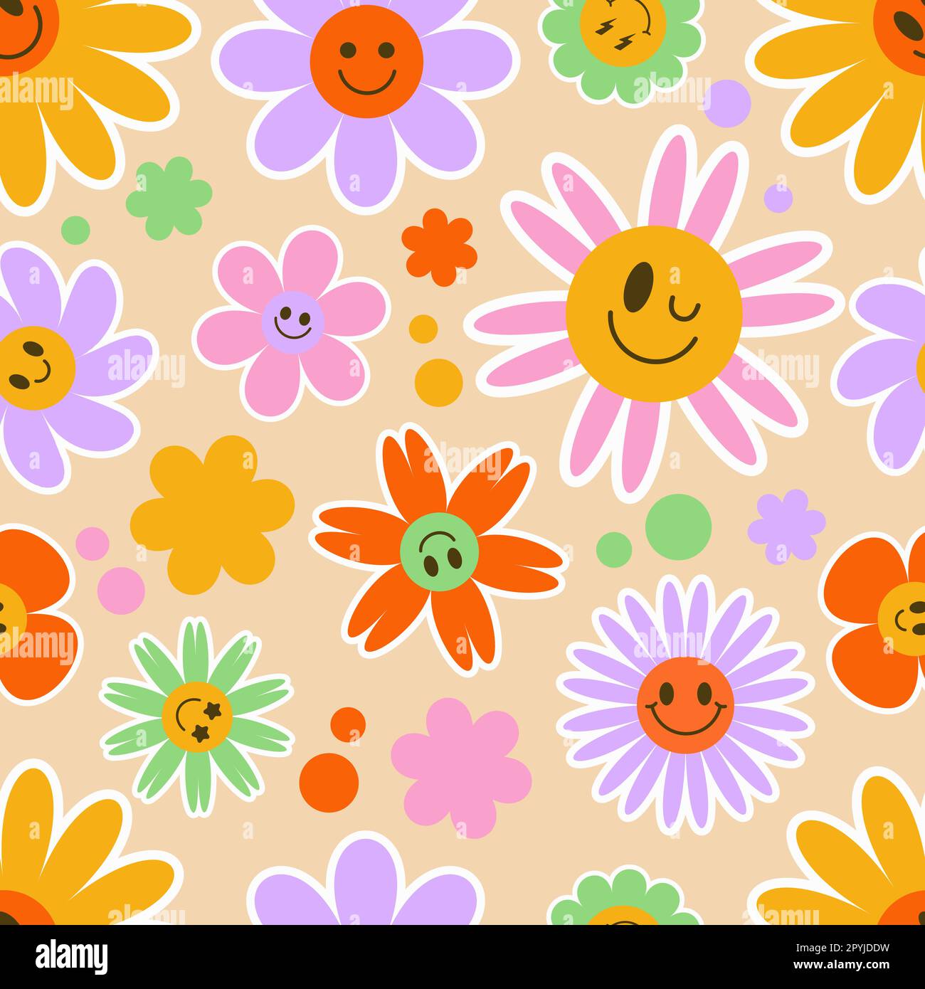 Groovy flower seamless pattern. Y2k floral smile background. Cartoon ...