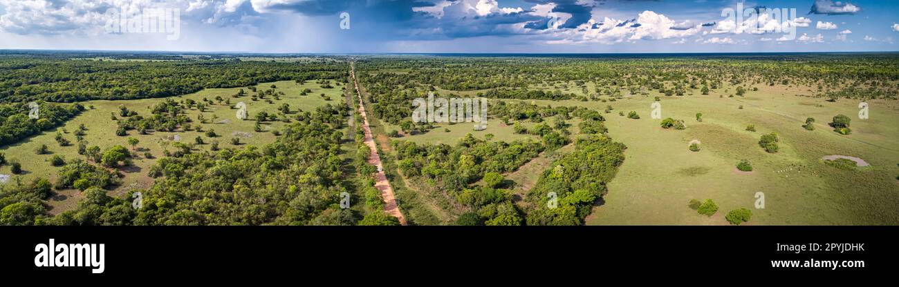 Aerial view panorama of typical Pantanal landscape with Transpantaneira, meadows, forest, pasture and dramatic sky, Pantanal Wetlands, Mato Grosso, Br Stock Photo