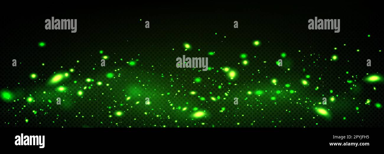 Light effect of green fireflies at night. Magic sparkles, glow of bugs