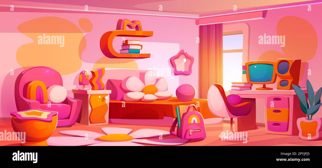 Girl bedroom in groovy style. Kids room interior with bed, flower