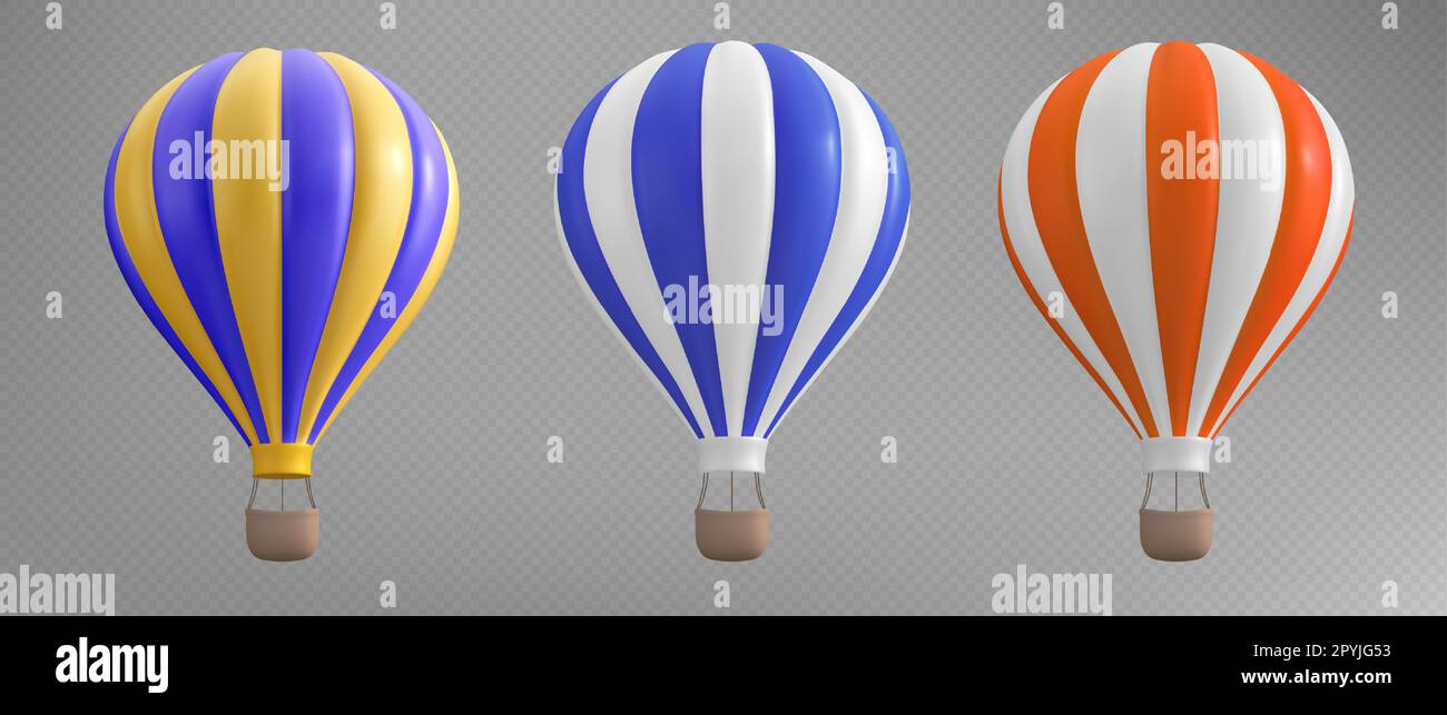 3d isolated hoy air balloon basket travel illustration on transparent background. Realistic aerostat set in red, blue and yellow stripe for adventure and recreation. Summer ballooning leisure journey Stock Vector