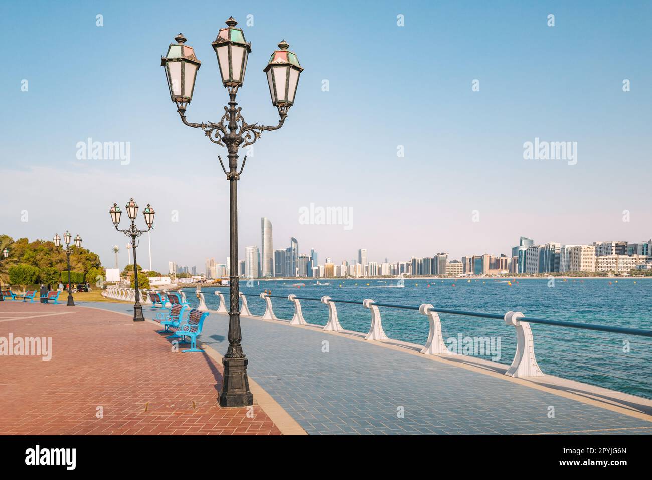 towering skyscrapers that dot Abu Dhabi UAE city embankment line with ...