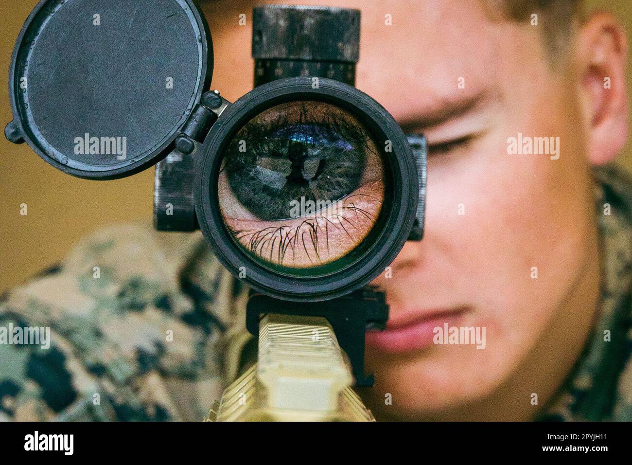 Camp Mujuk, South Korea. 25th Apr, 2023. U.S. Marine Corps Cpl. Jonphillip Raper, a rifleman with 1st Battalion, 7th Marines, 1st Marine Division, looks through a scope during training on Camp Mujuk, South Korea, April 25, 2023. Camp Mujuk's mission is to provide facilities, facility maintenance, life support, and training coordination with visiting Marine units continually to facilitate combined training with the Republic of Korea military units during peacetime and support to tenant units during contingency. (photo by Jonathan Beauchamp) (Credit Image: © U.S. Marines/ZUMA Press Wire Serv Stock Photo