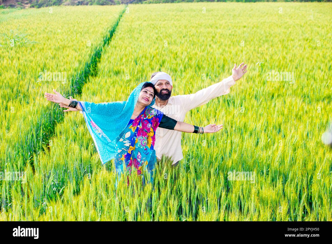 Happy young indian farmer couple standing with open arms at wheat ...