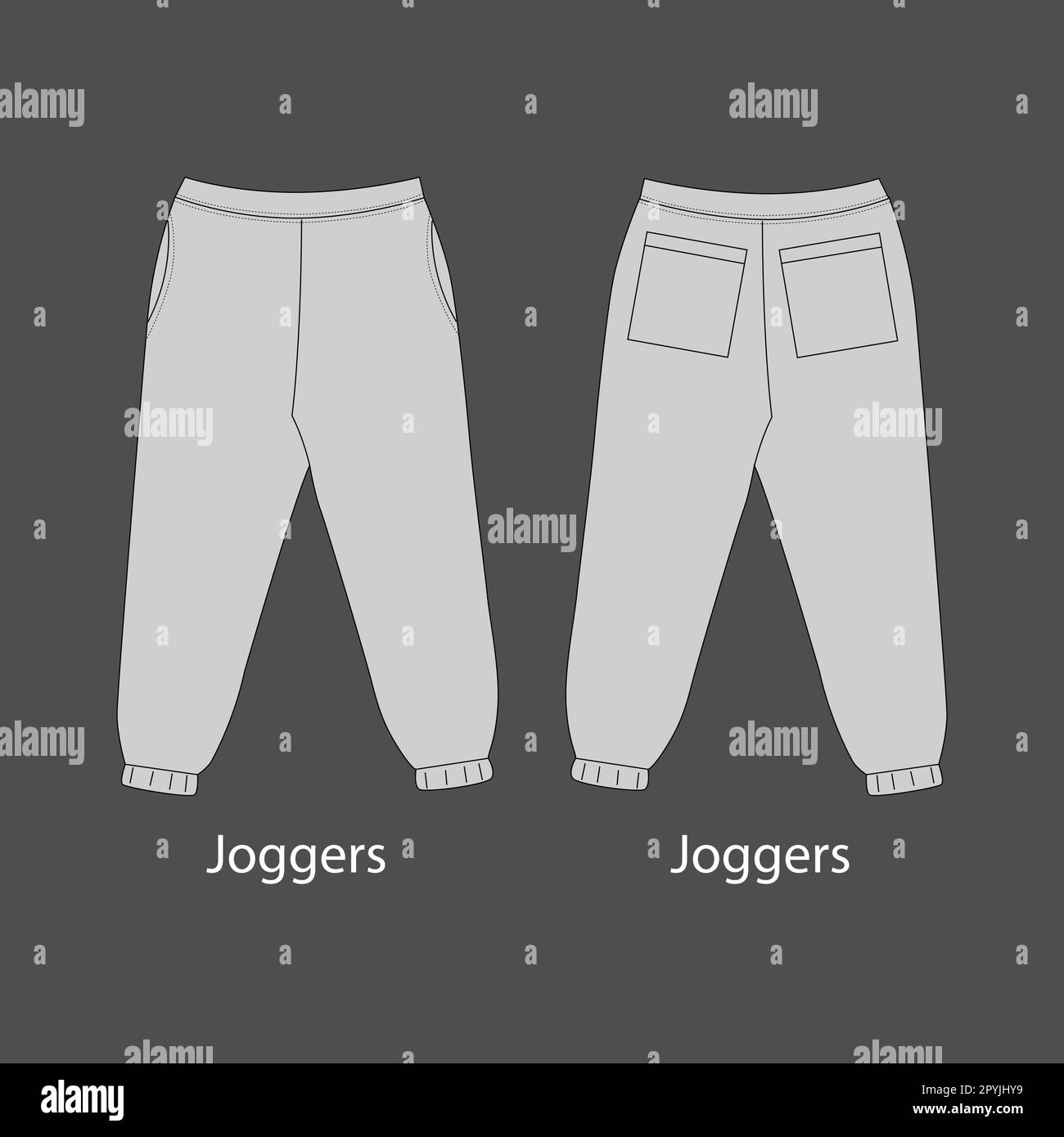 Loose fit joggers. Sweat jogger pants with an elasticated drawstring waist in a relaxed style. Men's casual wear. Jogger CAD. Stock Vector
