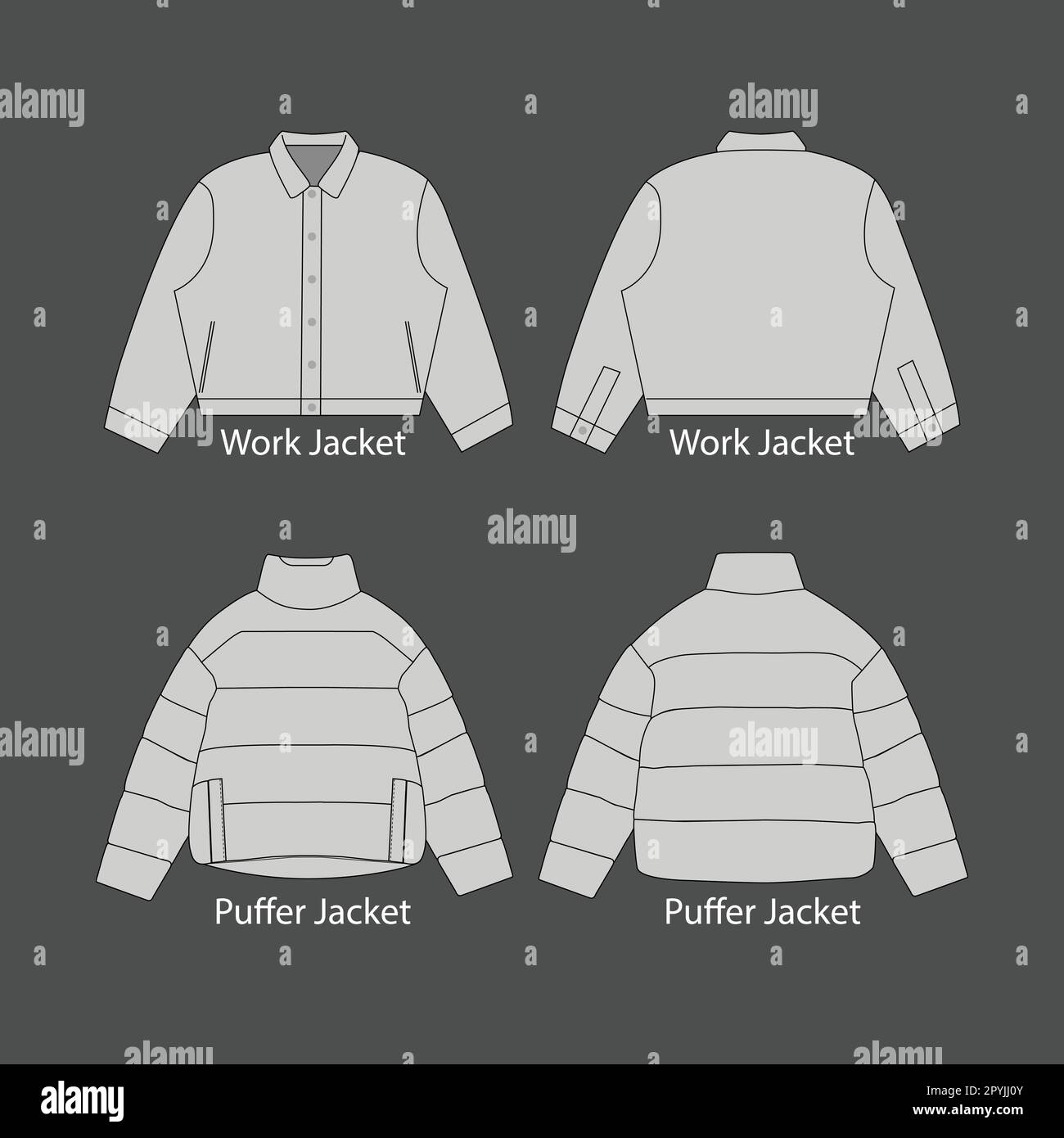 Puffer jacket, technical drawing mockup. Jacket technical drawing ...