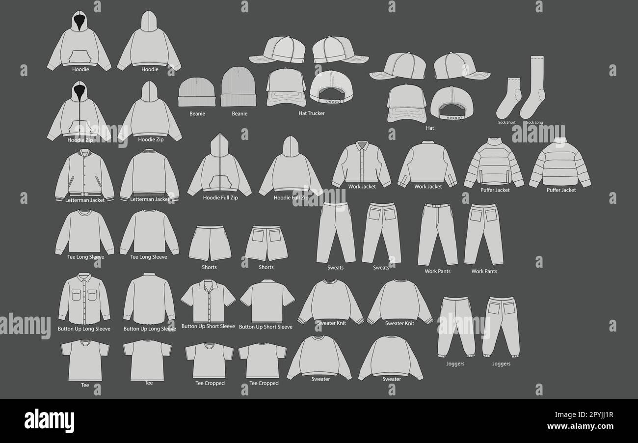 Vector apparel Mockup set collection. Men's t-shirt trucker hoodie joggers jacket short sweater pant design template. Sock shorts hat tee work jacket Stock Vector
