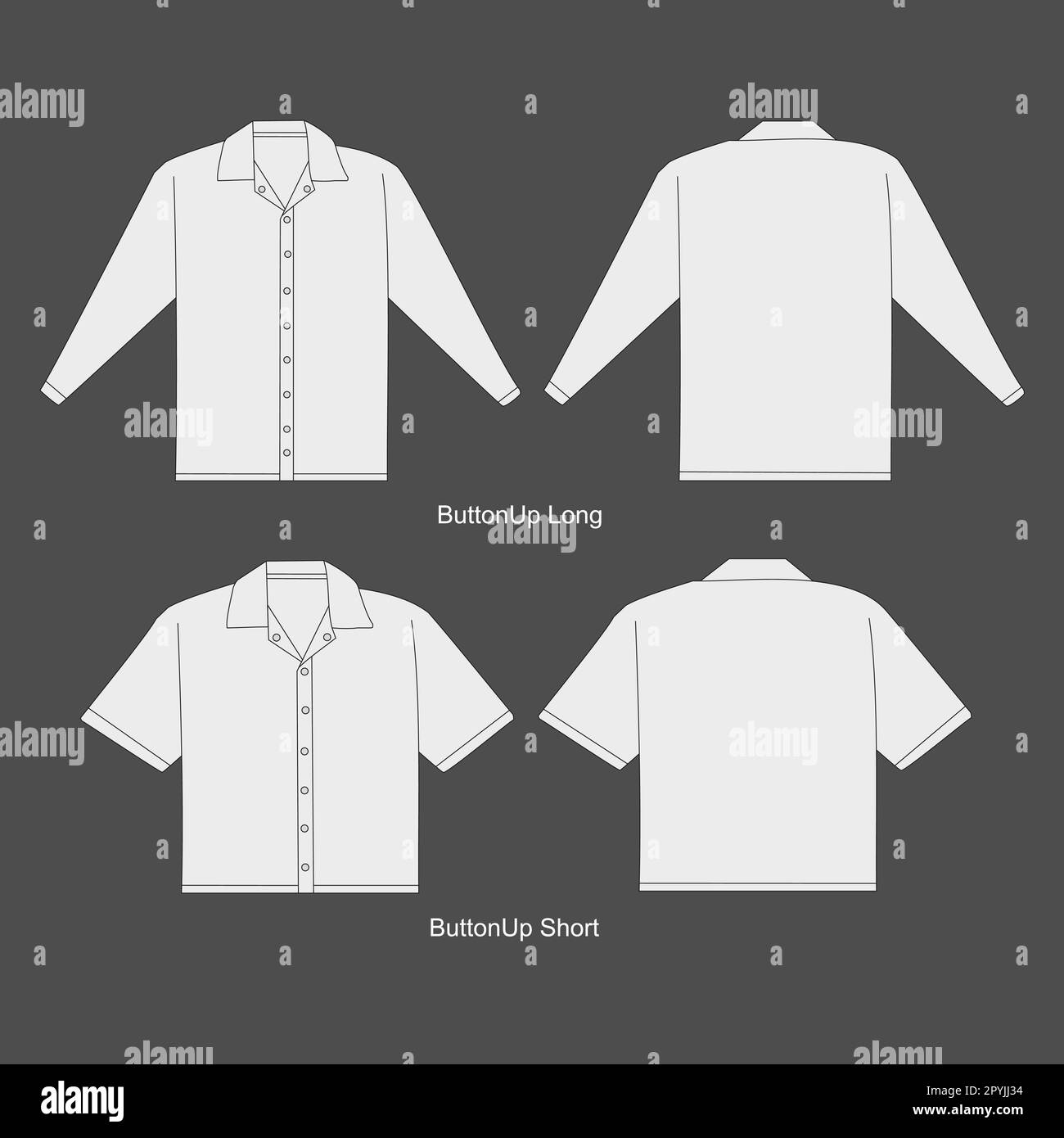 Women's Buttonup short long sleeve shirts fashion flat sketch vector illustration. CAD mockup short sleeve template. Stock Vector