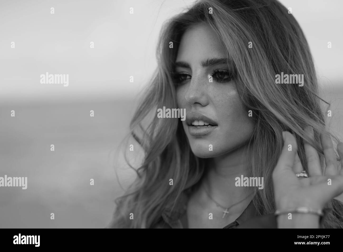 Close up face of pretty girl. Beauty romantic woman relaxing sun tan on