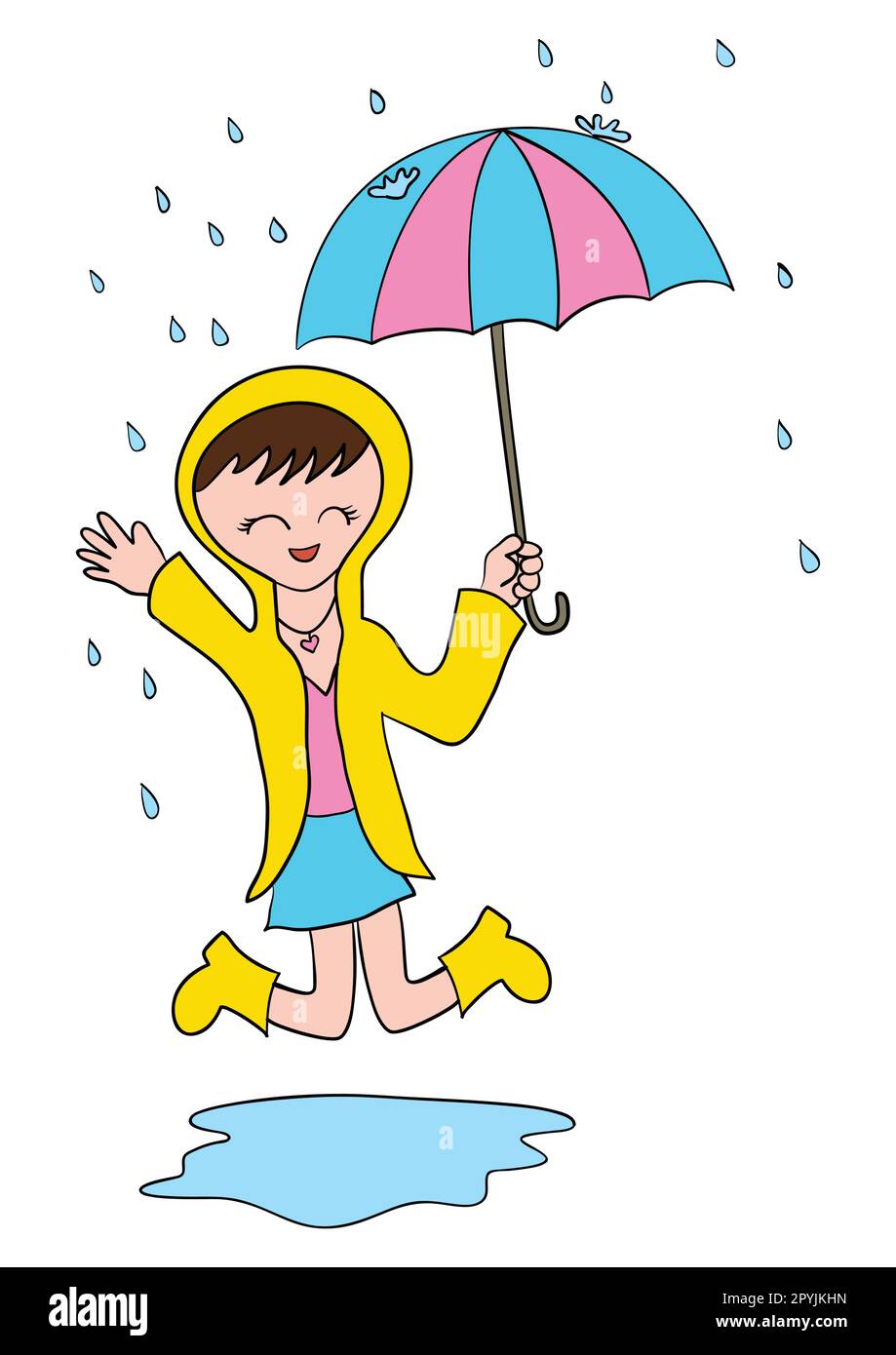 Cartoon illustration of a girl playing in the rain with umbrella Stock ...