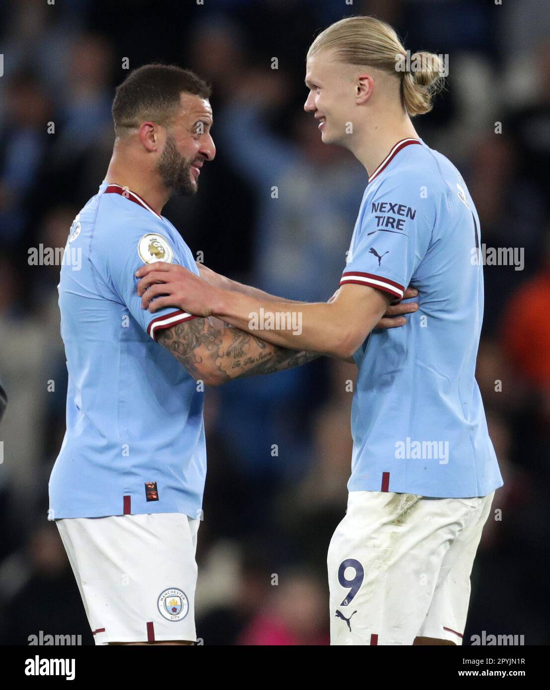 Etihad Stadium, Manchester, UK. 3rd May, 2023. Premier League Football, Manchester City versus West Ham United; Erling Haaland of Manchester City celebrates with team mate Kyle Walker of Manchester City at the final whistle Credit: Action Plus Sports/Alamy Live News Stock Photo