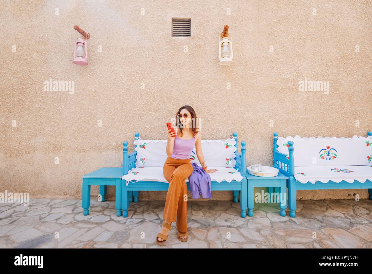 17 January 2023, Dubai, UAE Tourist girl in authentic cafe in Al