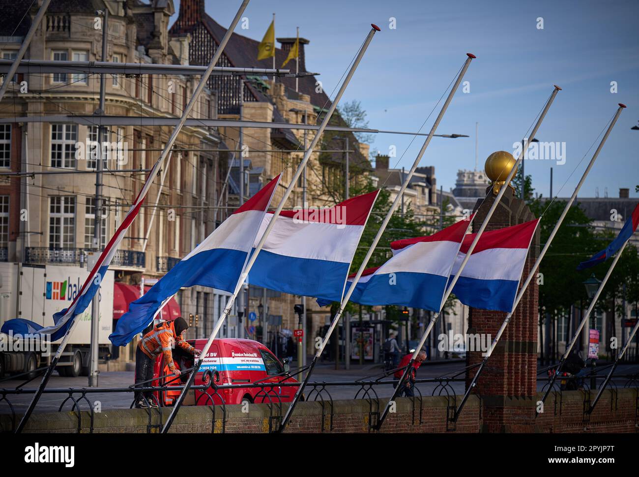 THE HAGUE - Flags are flown at half-mast as a sign of reverence and respect for war victims on the day of National Remembrance Day. ANP PHIL NIJHUIS netherlands out - belgium out Stock Photo