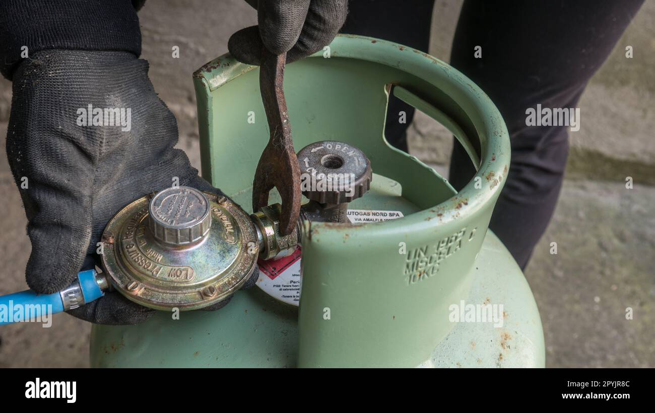 LPG cylinder connection with pressure regulator. closeup of a