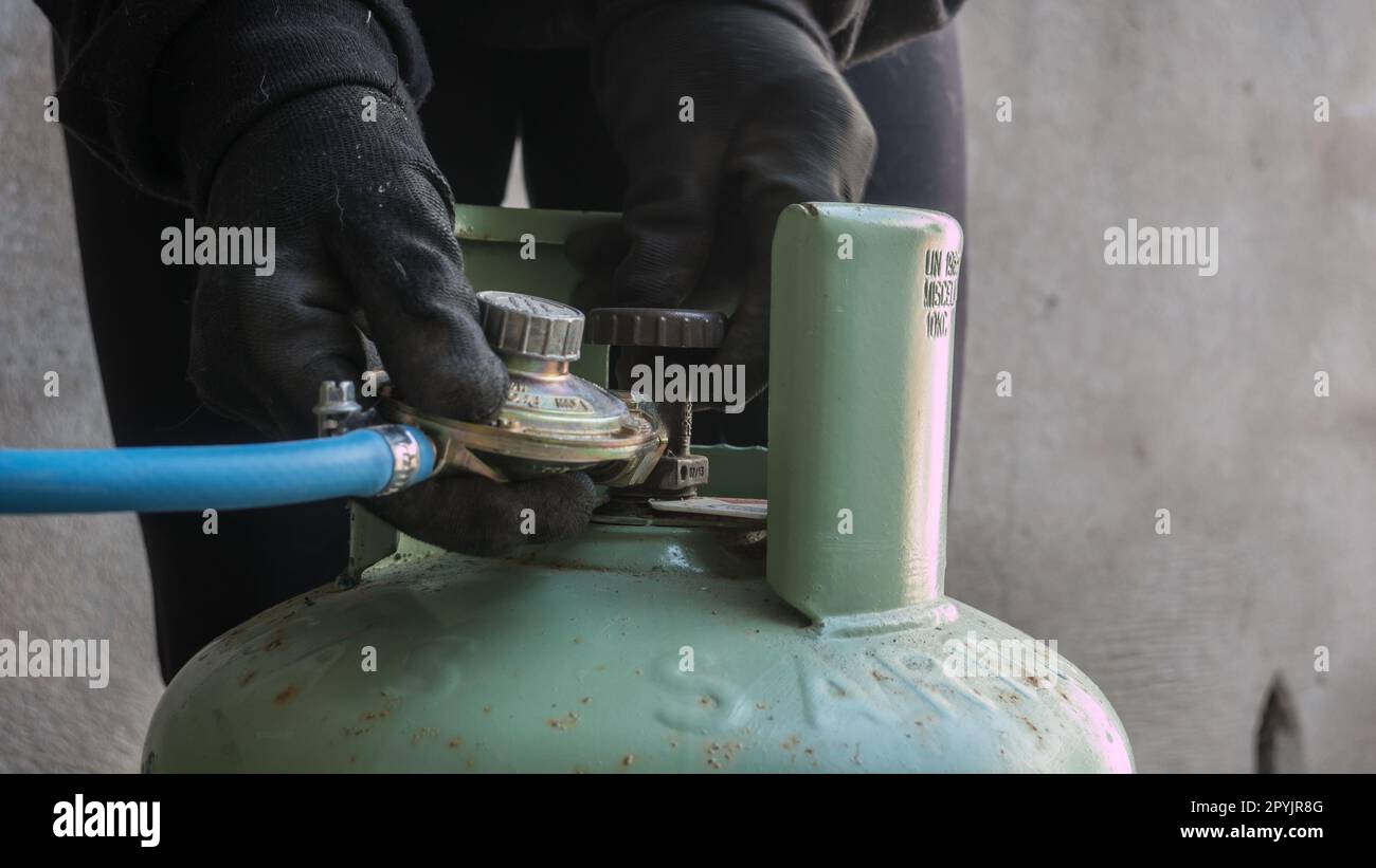 A LPG cylinder connection with pressure regulator. closeup of a