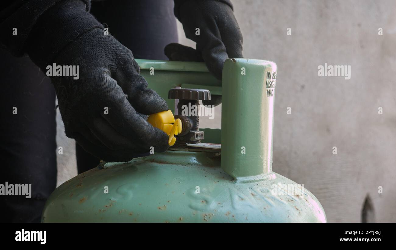 A LPG cylinder connection with pressure regulator. closeup of a
