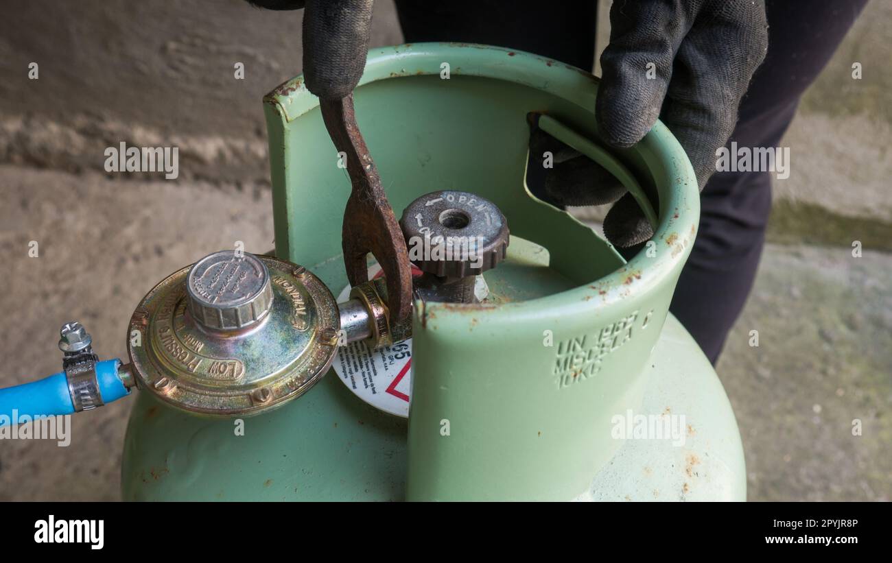LPG cylinder connection with pressure regulator. closeup of a