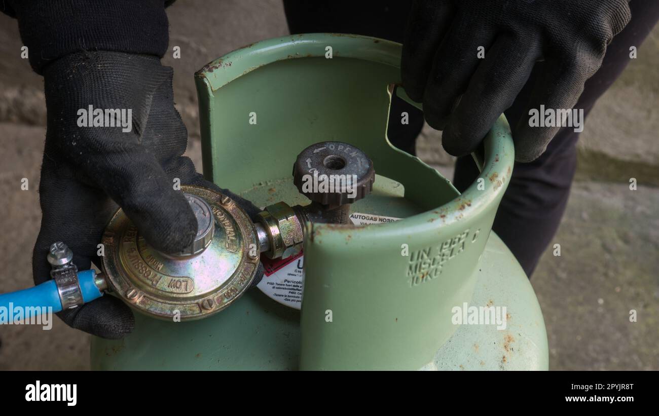 A LPG cylinder connection with pressure regulator. closeup of a