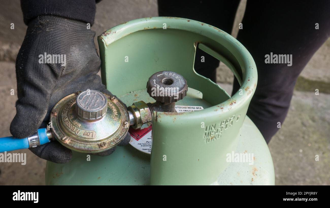 A LPG cylinder connection with pressure regulator. closeup of a