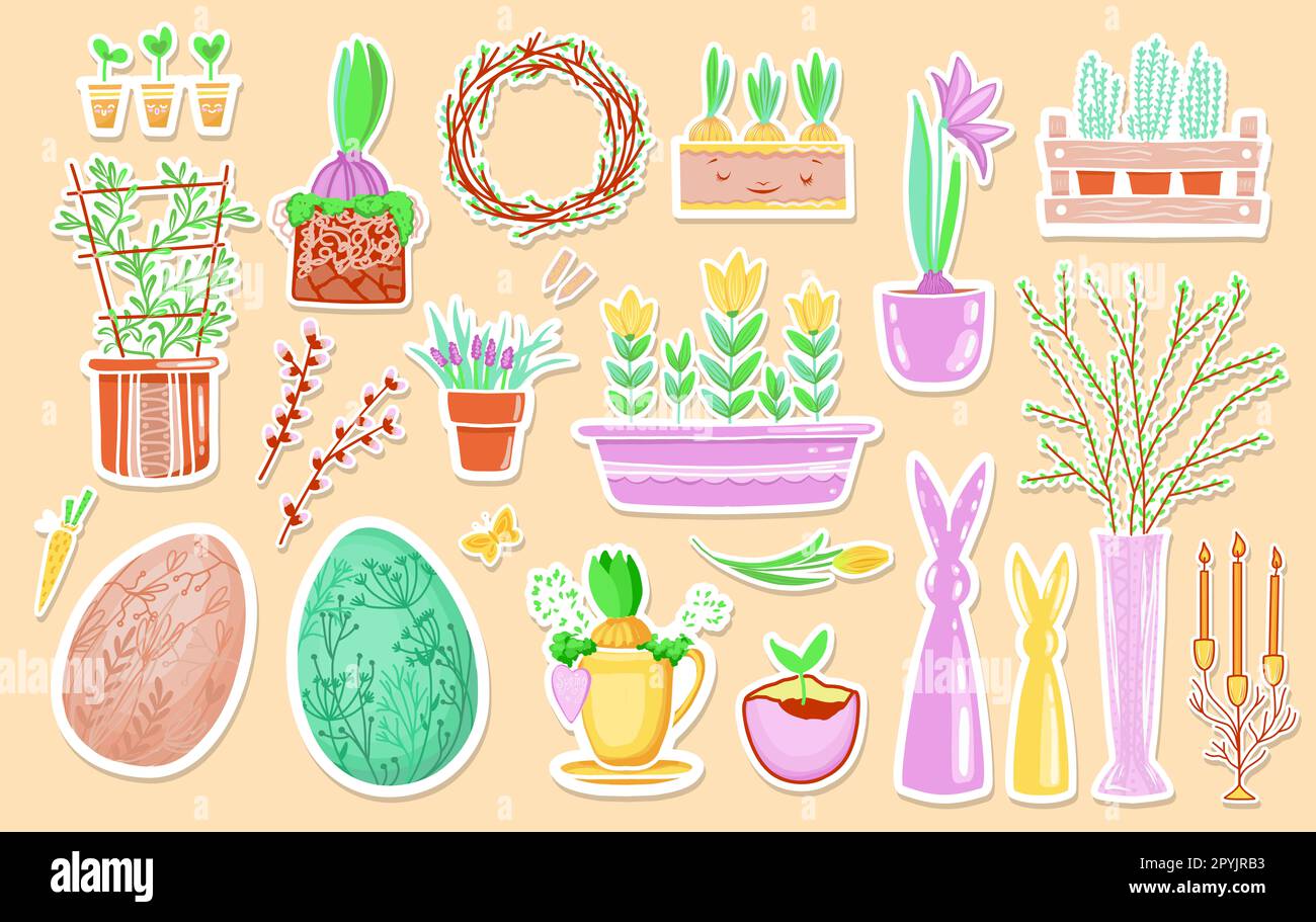 Springtime stickers, magnets collection with decorative floral and garden design. Growing plants. Stock Photo