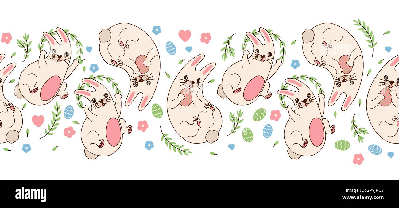 Seamless bunny border. Rabbits with Easter eggs, twigs and flowers. Funny rabbit seamless ornament. Easter decor Stock Photo