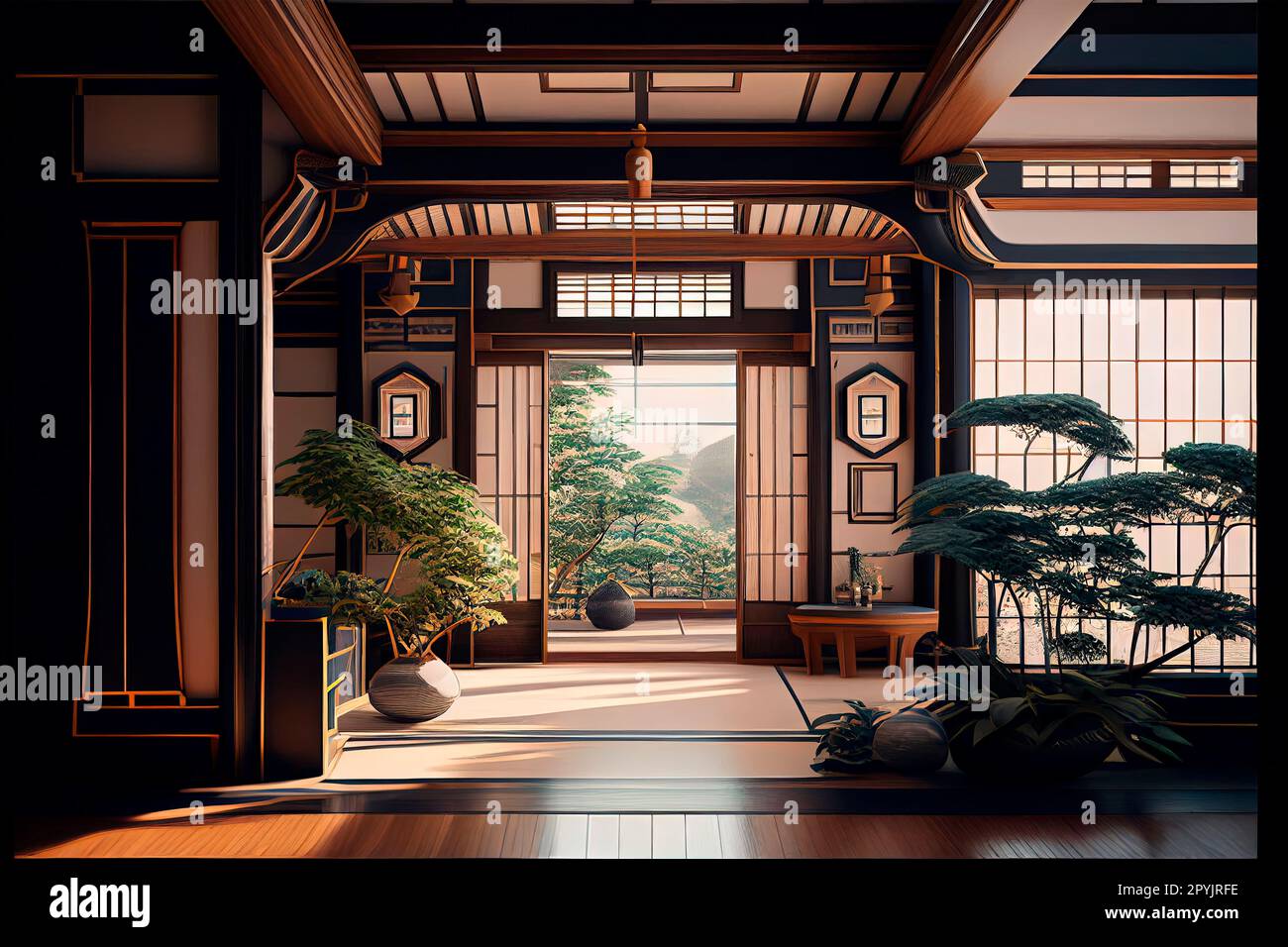 Minimal interior design in japanese style. Asian living room with open view to zen garden. Traditional asian architecture aesthetic. Stock Photo