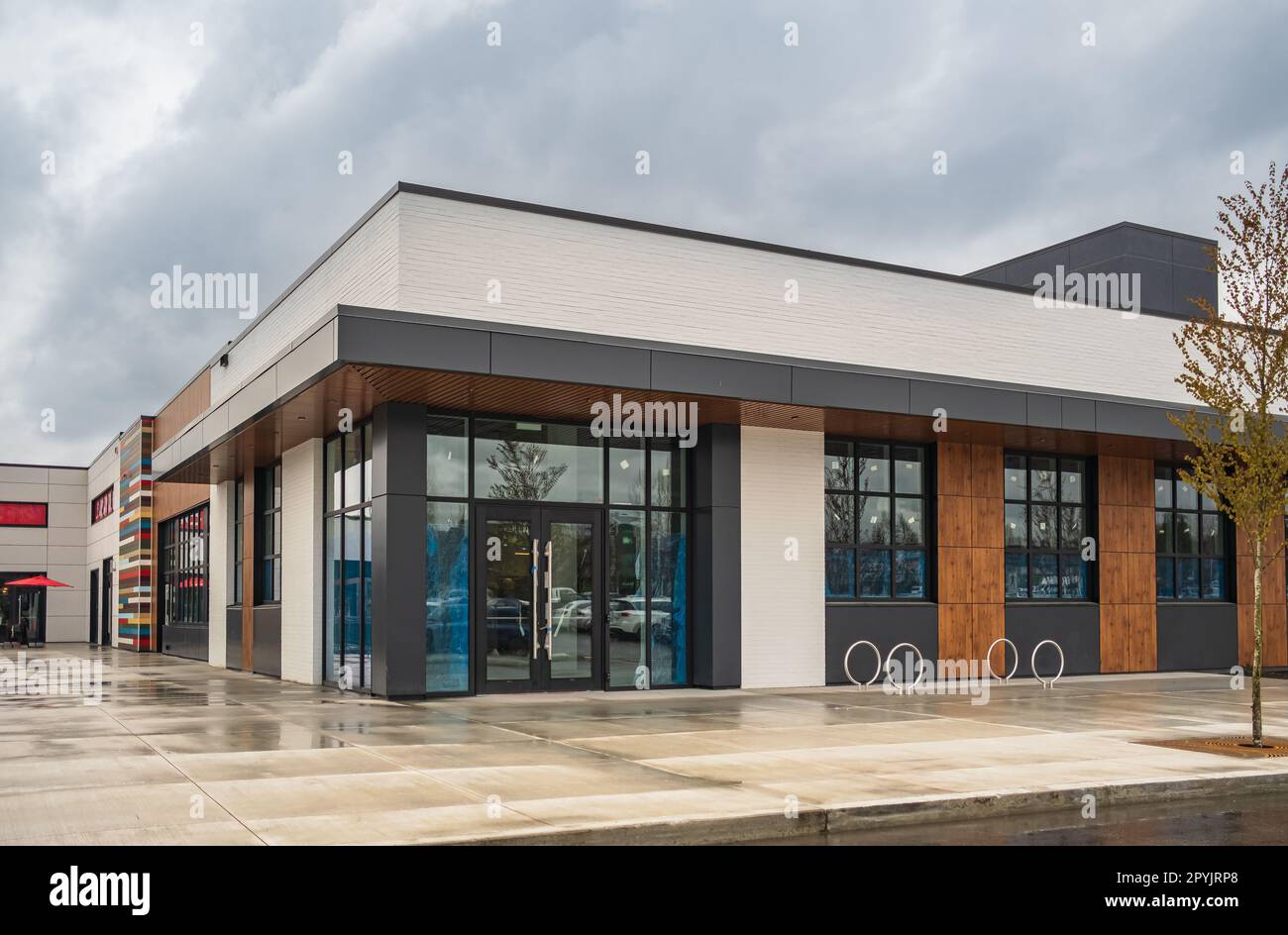 Photo of the mall shopping street in North America. Exterior of a new shopping centre building. Mall complex outdoor. Nobody, street photo Stock Photo