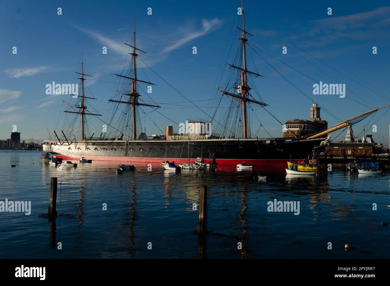 Portsmouth, Hampshire, England December 10 2022 - HMS Warrior in Portsmouth, England's first Iron-clad warship launched in 1860 and is a tourist ship Stock Photo