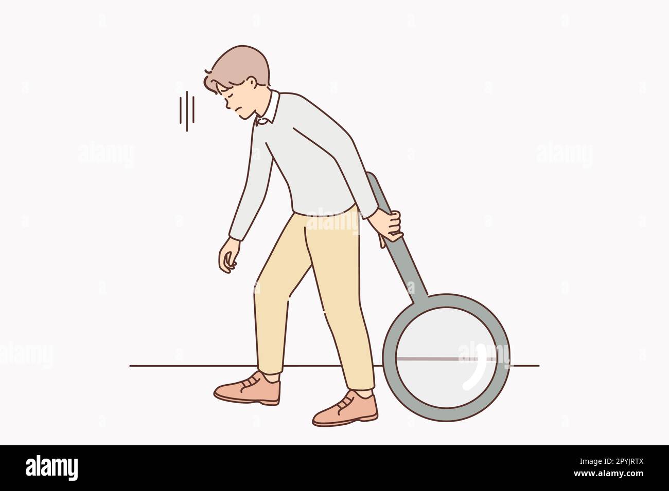 Unhappy tired man with huge magnifying glass distressed with searching. Upset guy feel exhausted walk with magnifier. Vector illustration. Stock Photo