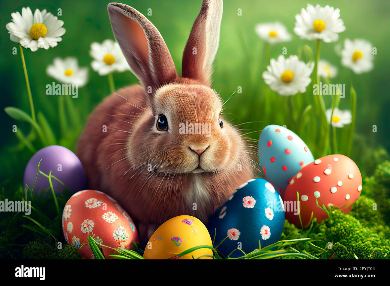 Cute easter bunny in grass and daisy flowers nest with colorful easter