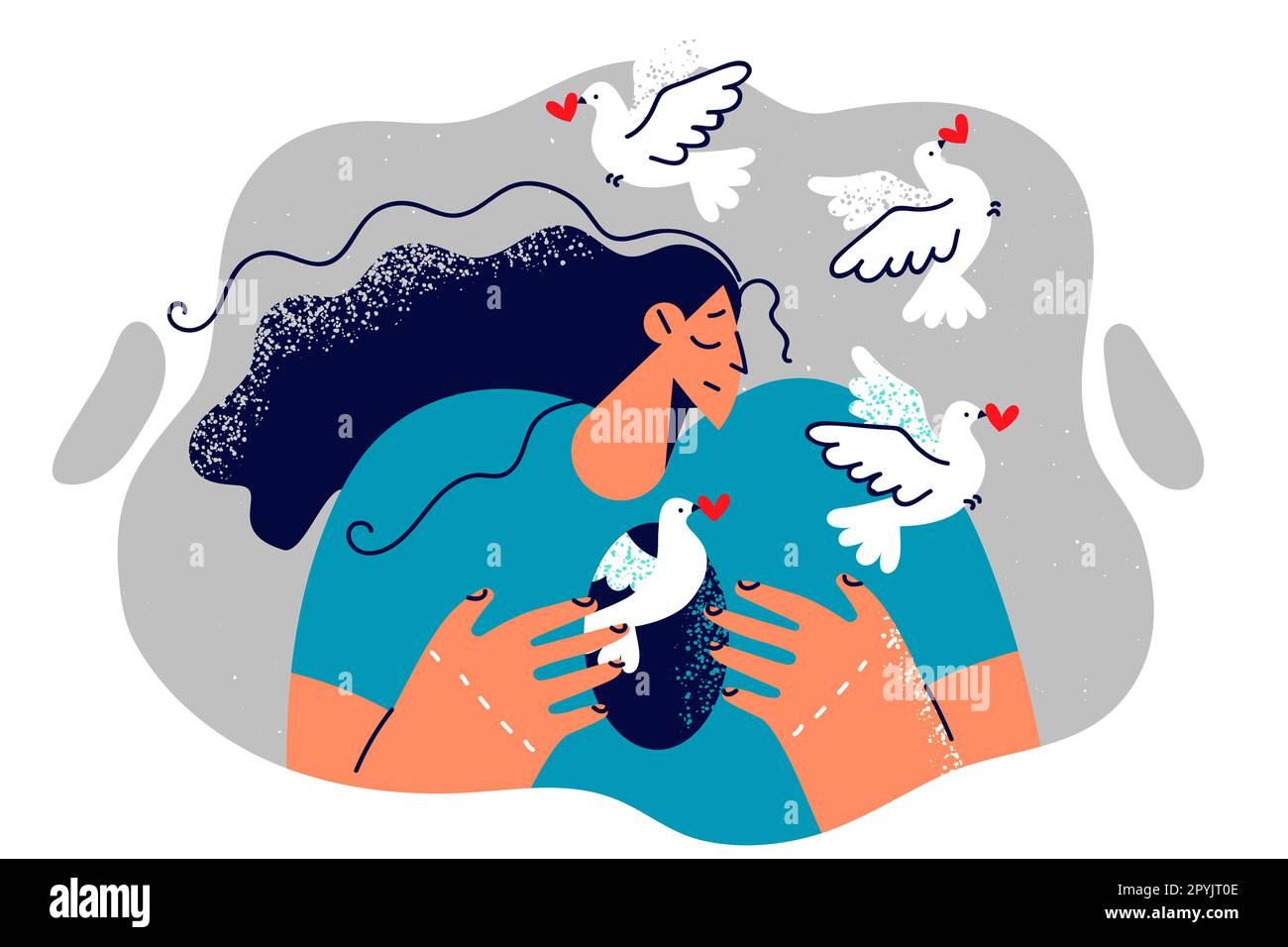 Woman with hole in body and flying doves symbolizes liberation from romantic addiction for psychological health. Concept psychological manipulation to Stock Photo