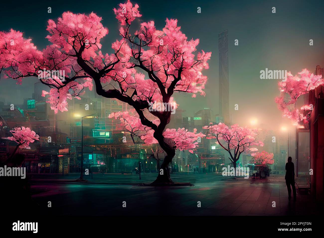 overdetailed shot of a cherry blossom tree in a hill with a full moon   Playground AI