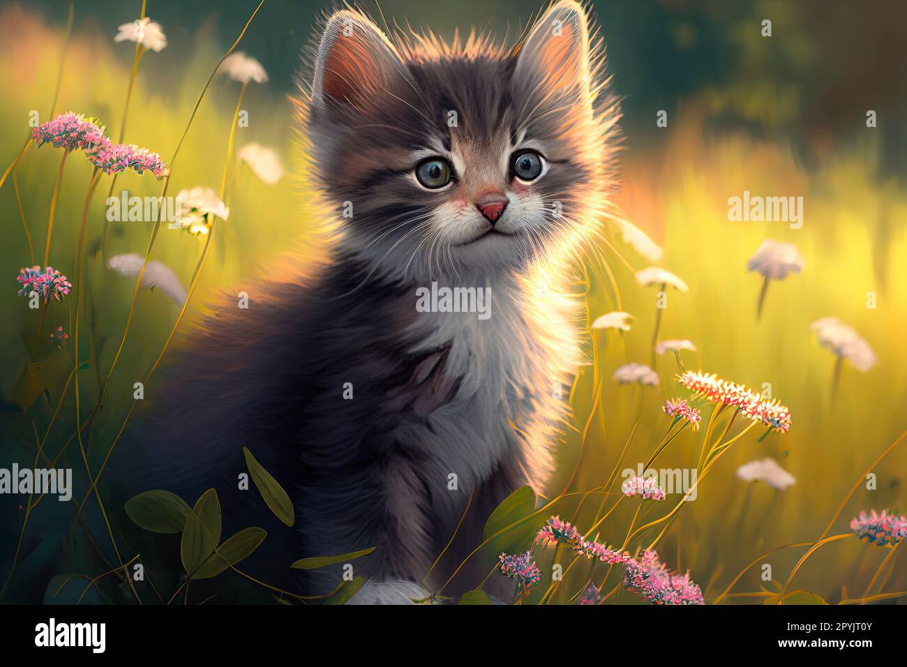 Cute little kitten in green meadow. Portrait of adorable kitty sitting in grass with sunlight. Stock Photo