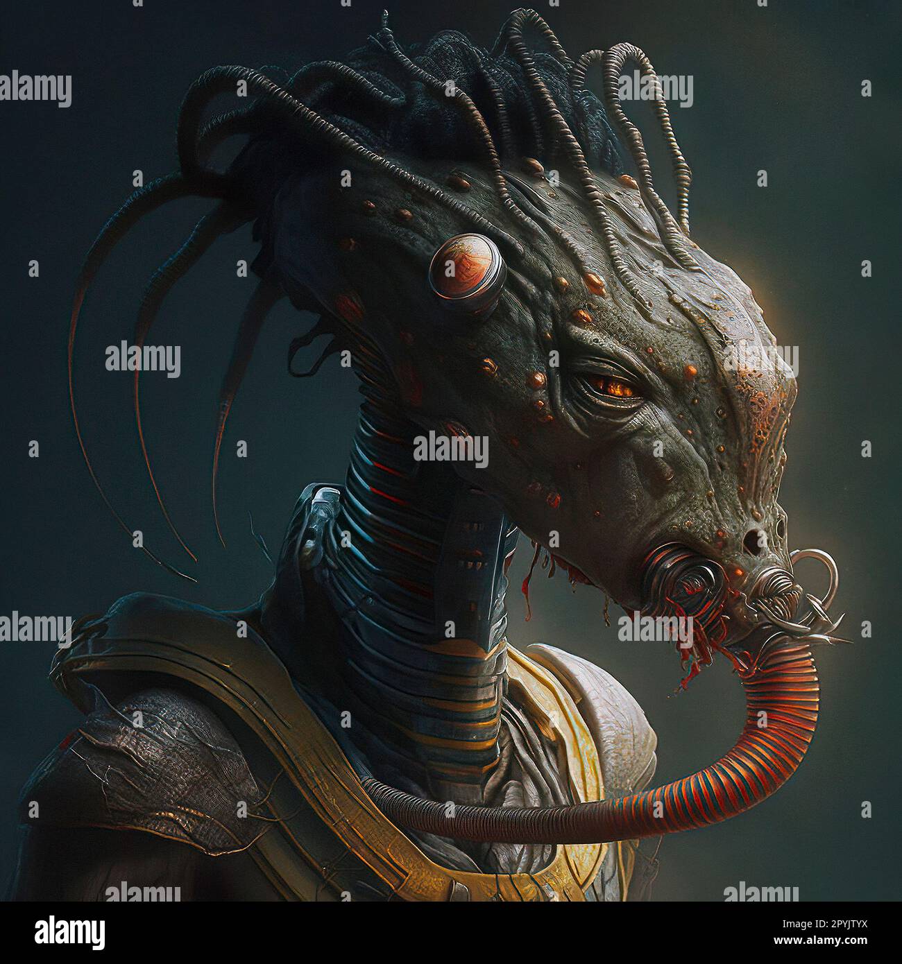 Concept Headshot Art of an Alien Reptilian Creature Wearing Gas Mask Stock Photo