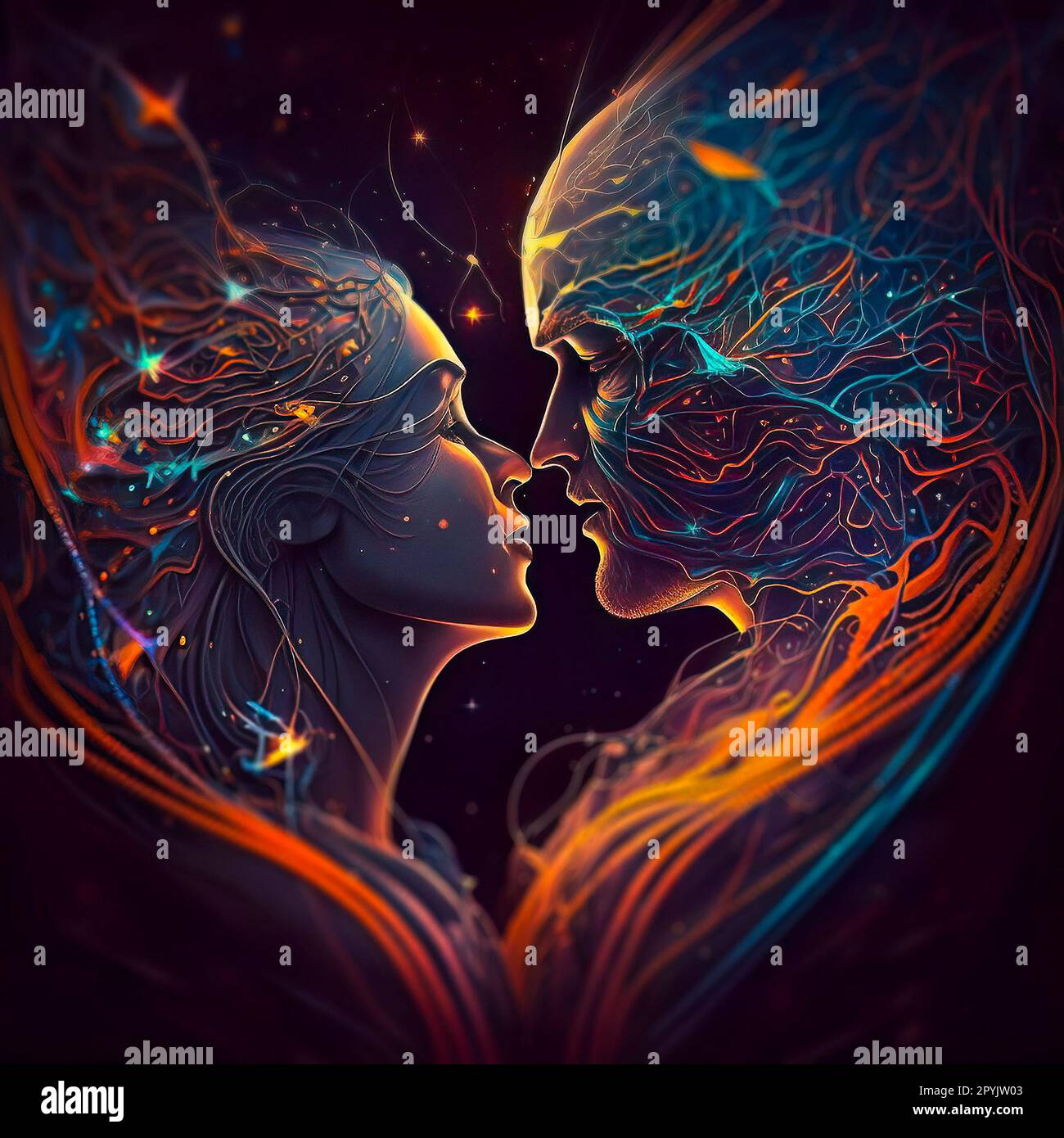 Vibrant Cosmic Fantasy Art of a Loving Couple made of Intricate Illuminated Lines, Connected by a Neural Network with Glowing Light Stock Photo
