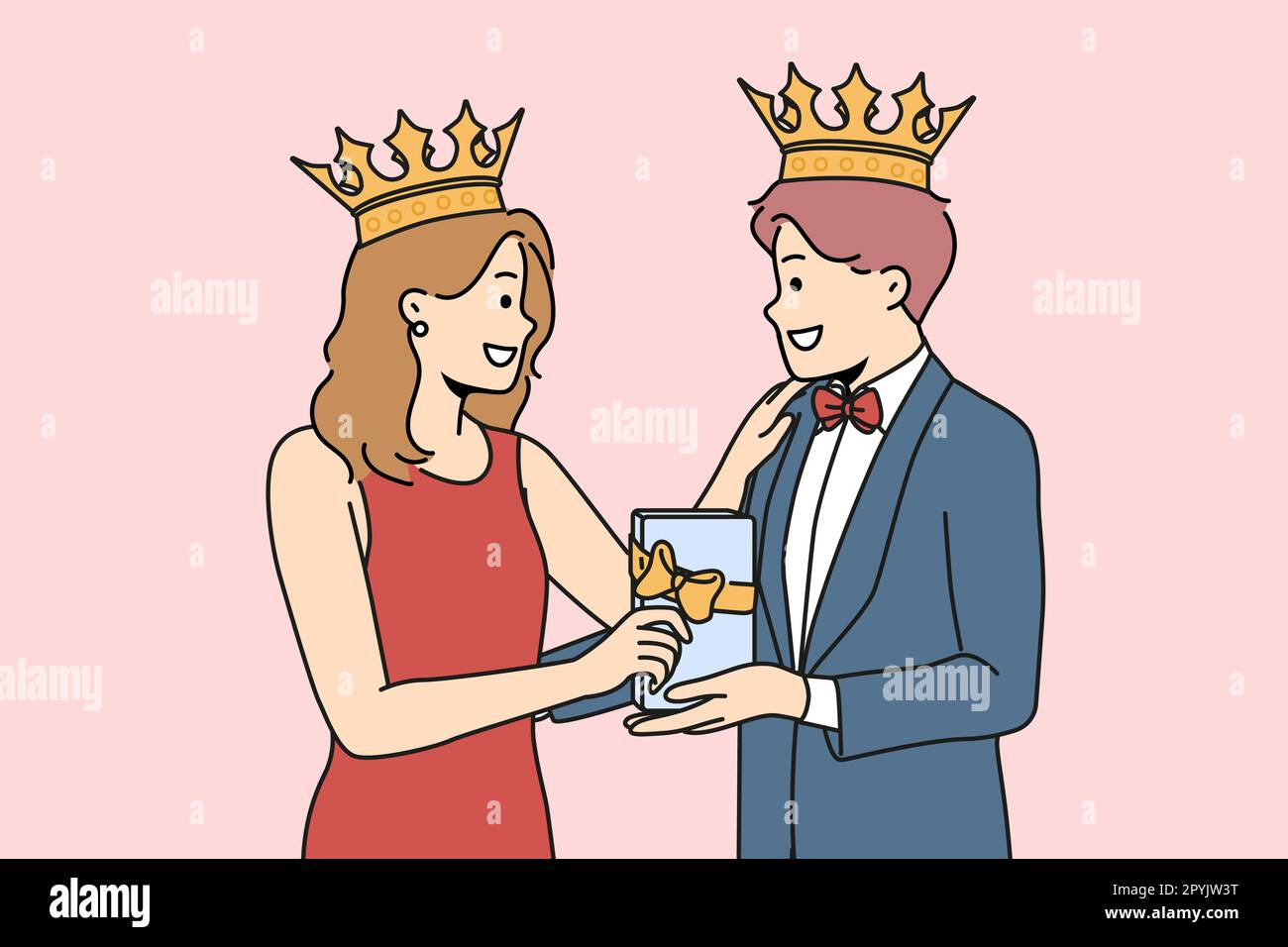 Smiling couple in formalwear with gift box in hands. Happy man and woman with crowns on heads celebrate anniversary holding present. Vector illustrati Stock Photo